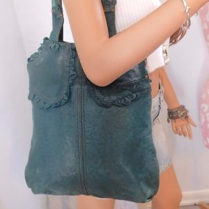 Lucky Brand Rockin Ruffles Hip Hobo Green Italian Leather Bag Tote Bag